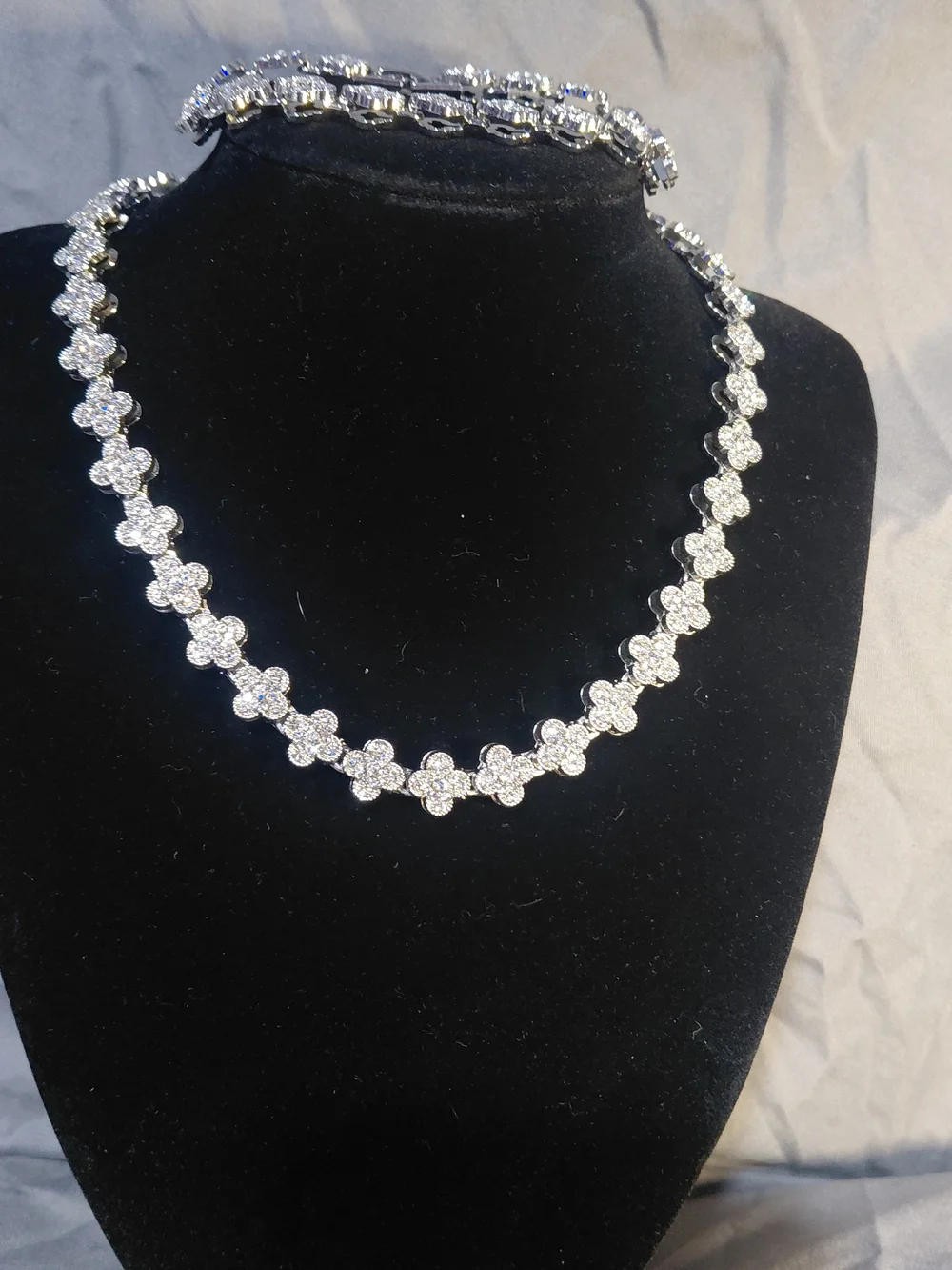 Silver Flower Cluster Necklace and Bracelet Set - Sparkling Clear Stones